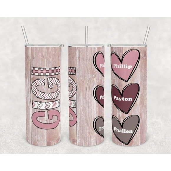 Personalized Gigi Hearts 20oz Skinny Tumbler Straw & Lid, Travel Mug Cup, Double - Picture 1 of 2